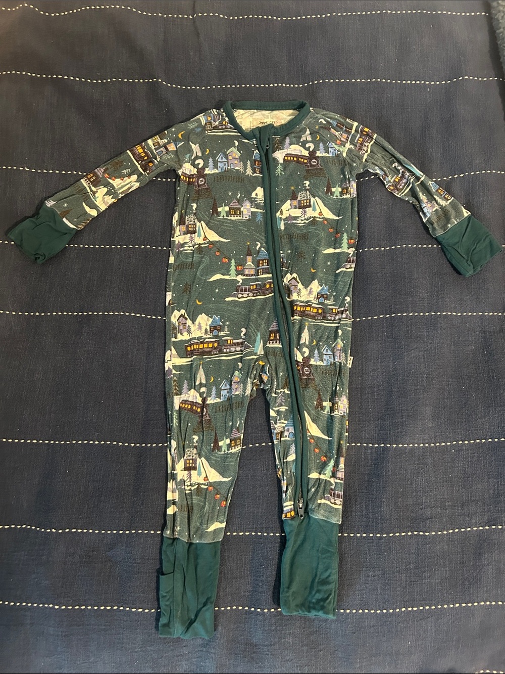 Little Sleepies Dark Green Holiday Village One-Piece Pajamas